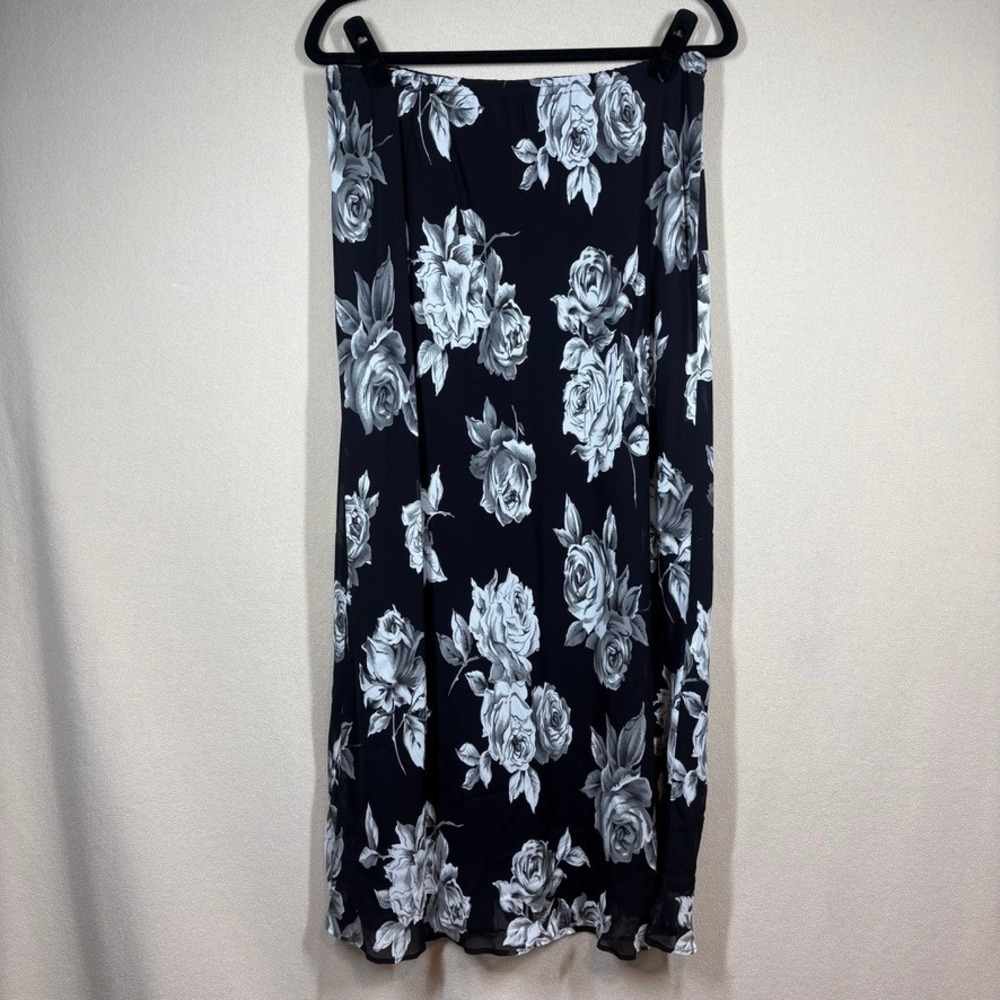NOS Vtg Jones New York Sport Whimsigoth Fairy Blk Wht Floral Rose Maxi Skirt 12